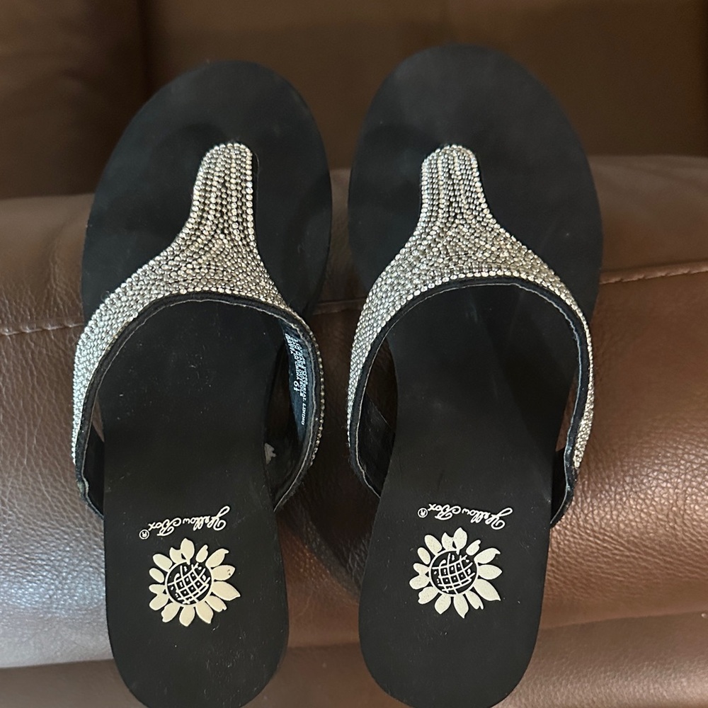 Yellow Box Black Sandals with Glittering Silver Accents